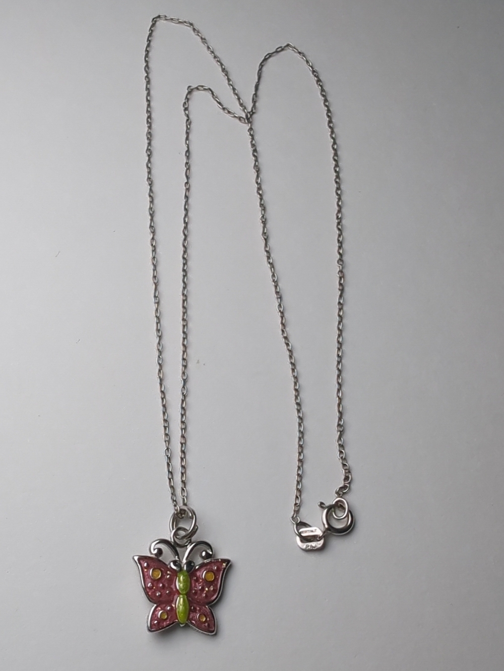 Sterling Green And Pink Butterfly Necklace